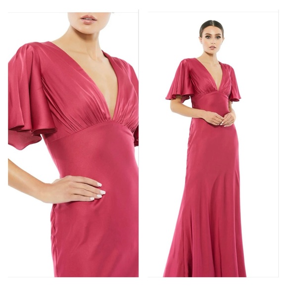 Mac Duggal Satin V-Neck Belle Sleeve Gown - Picture 1 of 9